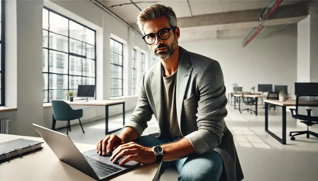 Na slici je muškarac koji na laptopu popunjava obrazac vezan za privremeno zatvaranje svoje preduzetnićke radnje.